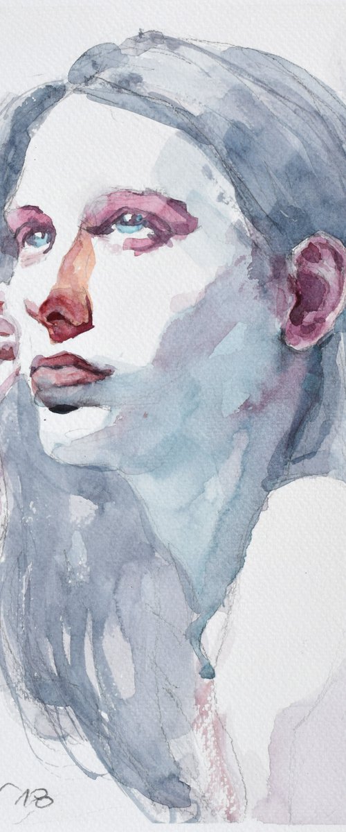 In anticipation ( study of a girl face ) by Goran Žigolić Watercolors