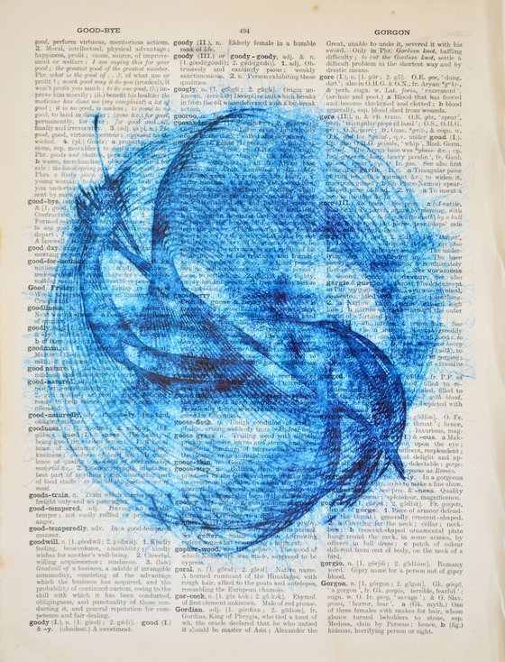 Blue Vibrations 1 - Collage Art on Large Real English Dictionary Vintage Book Page