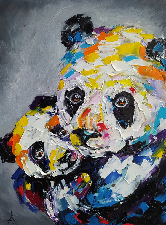 Mother is near -  panda, pandas, panda oil painting, mother's love, animal, animal face, love, mother, painting on canvas, gift, animals art, animals oil painting