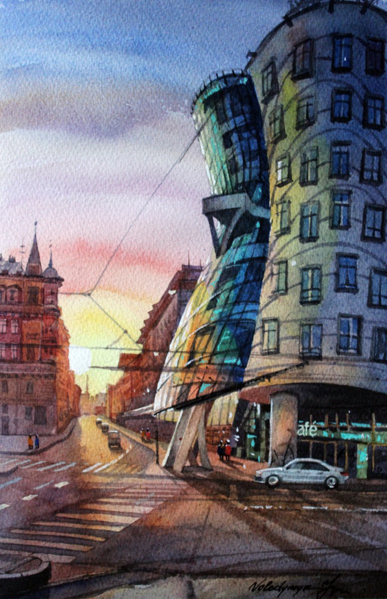 Impressionistic Cityscapes Watercolour By Volodymyr Melnychuk, 7 X 11", Dancing House At Sunrise, Original Artwork