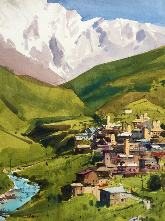 Original watercolor painting “Mountain freshness. Ushguli, Svaneti. Georgia”