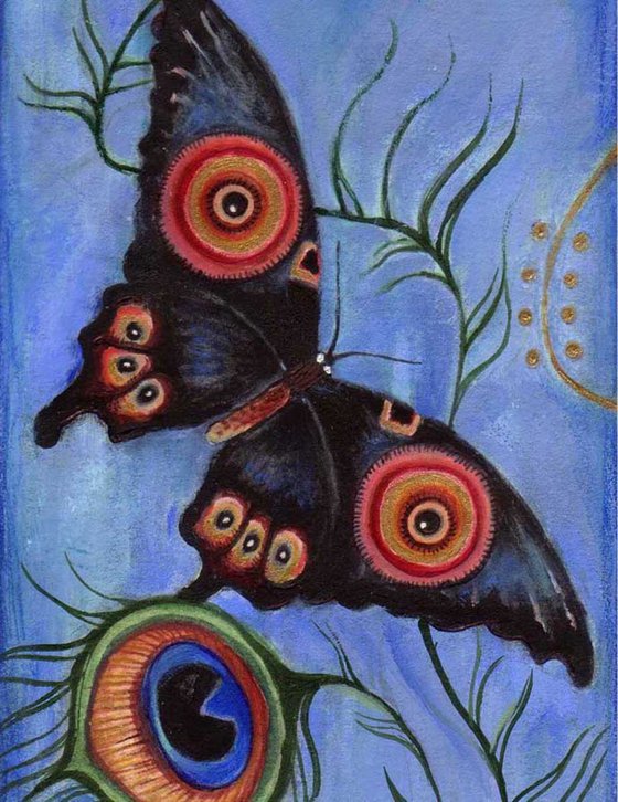 Japanese Butterflies original painting butterflies with peacock feather