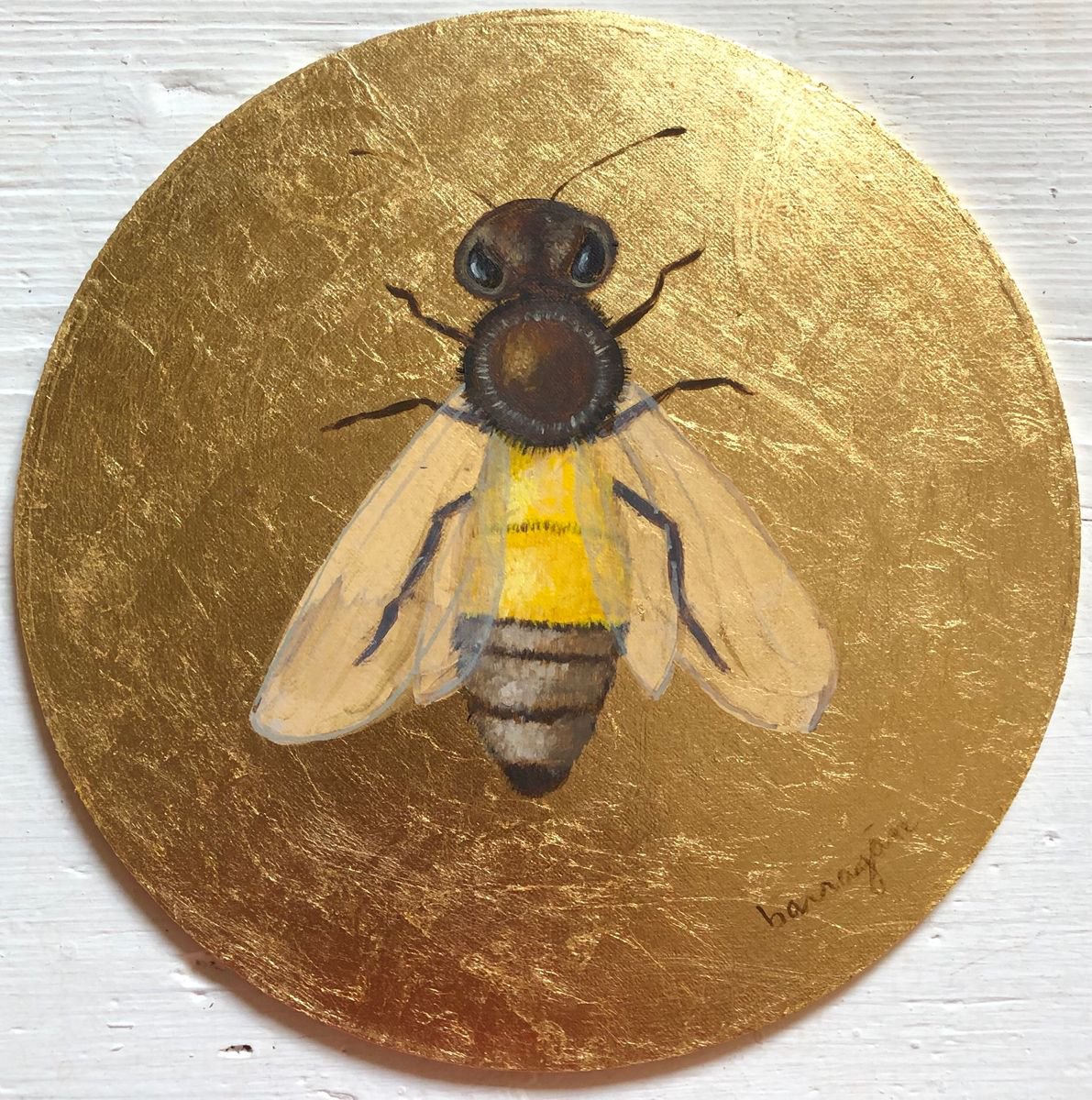 My Little Golden Honeybee Oil Painting on Round Lacquered Golden Leaf Canvas Frame by Caridad I. Barragan