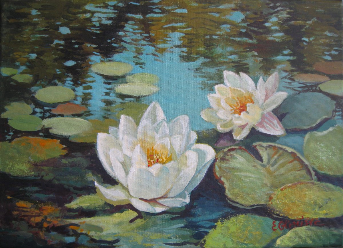 Impressionistic Botanical Acrylic Painting By Elena Oleniuc, 14 X 10, White Waterlilies, Original Artwork