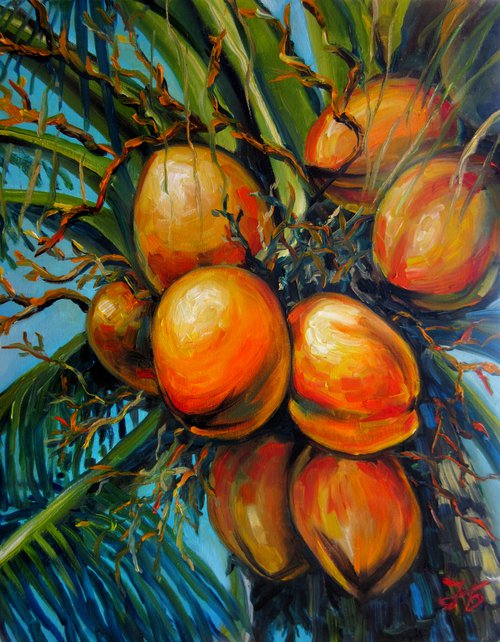 Coconut palm 20X16" Caribbean Art Tropical island Coconut still life by Nadia Bykova