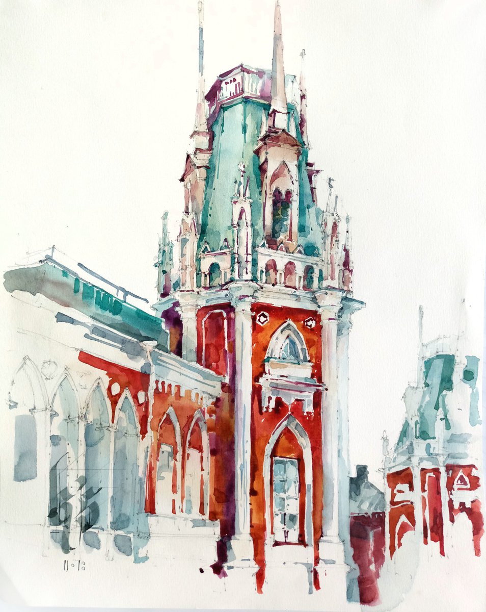 Impressionistic Cityscapes Watercolour By Ksenia Selianko, 12 X 15", Tsaritsyno Park, Original Artwork