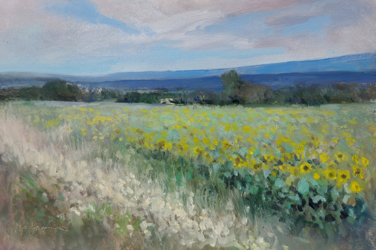 Impressionistic Landscape Oil Painting By Pascal Giroud, 12 X 8", Sunsflower At St Jean, Original Artwork