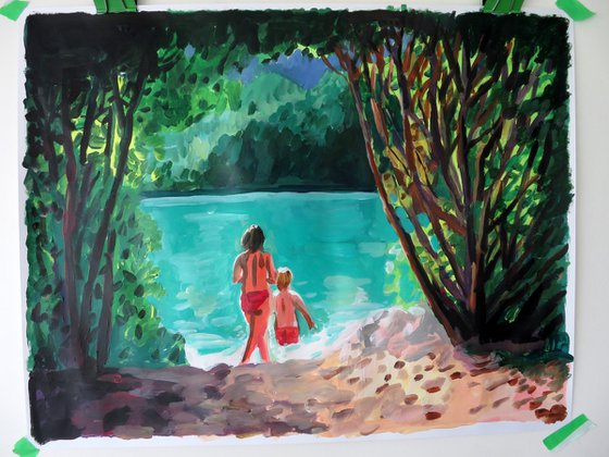 lake scene with bathers