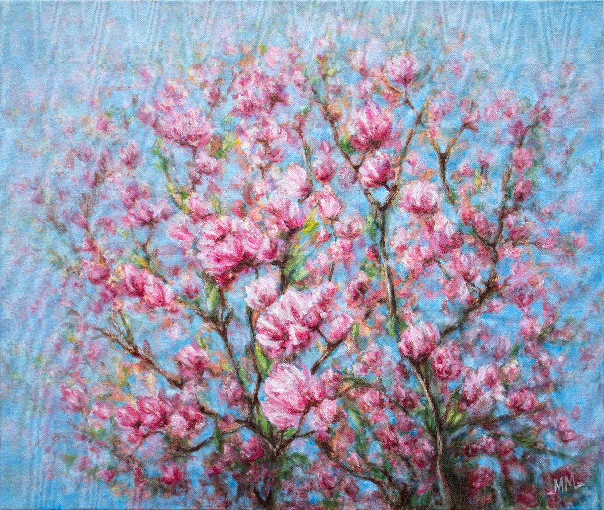 Impressionistic Botanical Oil Painting By Mila Moroko, 24 X 20", Pink Cherry, Original Artwork