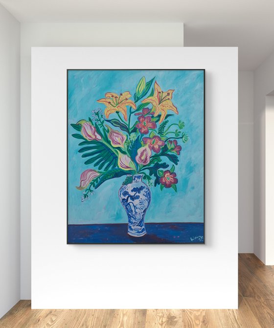 Tropical Bouquet in a Blue and White Vase