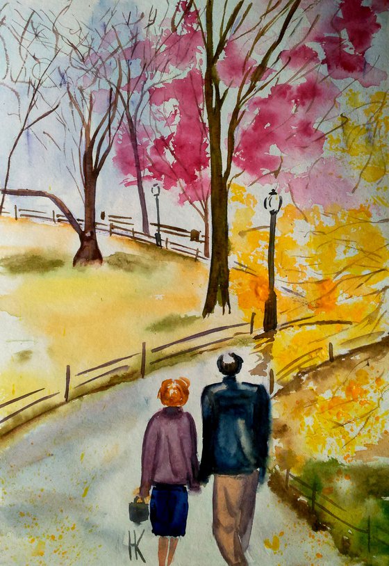 Couple Painting Central Park NYC Original Art Walk in Spring Park Watercolor Stroll Small Home Wall Art 8 by 12" by Halyna Kirichenko