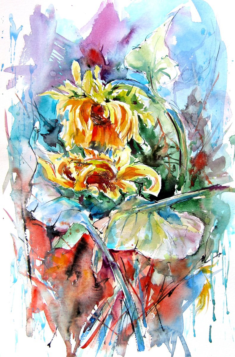 Abstract Botanical Watercolour By Kovacs Anna Brigitta, 13 X 20", Sunflower Composition, Original Artwork