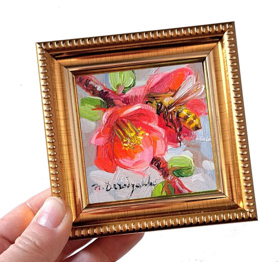 Bee painting original 3x3, Bee art tiny oil painting red framed art gift for girlfriend