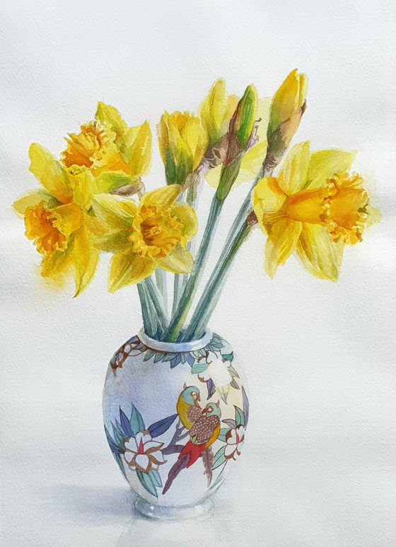 Golden Daffodils in a Chinoiserie Parrot Vase