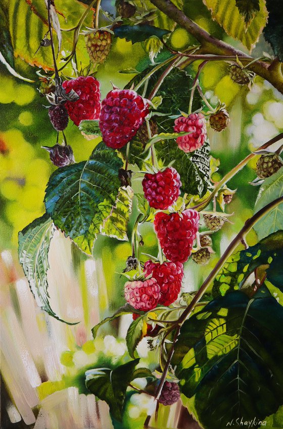 Raspberries. Hyper Realistic Garden Scene
