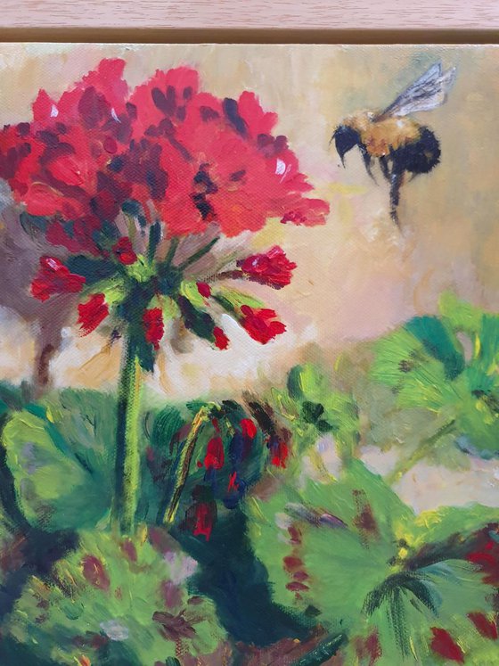 Red Geranium & Bumble Bee