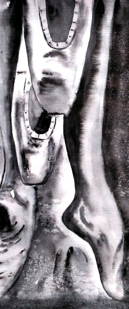 Pointe Shoes Painting Original Watercolor Artwork Ballet Feet Black Monochrome Art 8 by 12" by Halyna Kirichenko