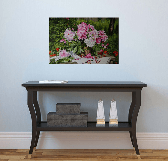 Pink peonies in a basket