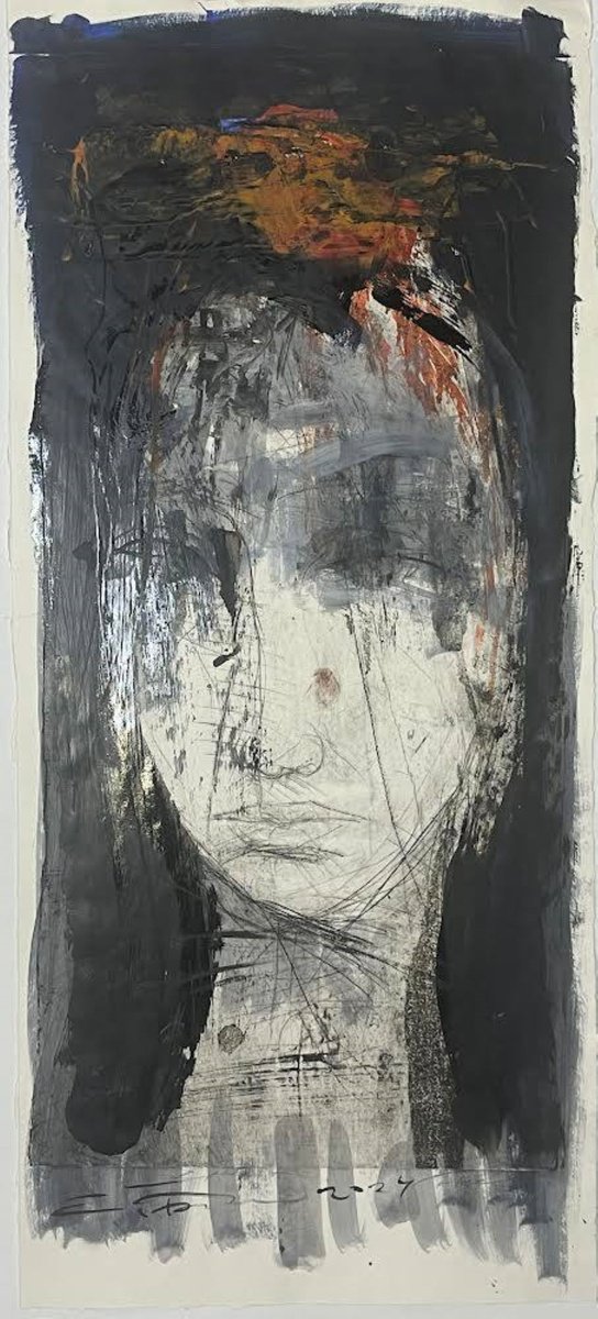 Expressive Portrait Ink Drawing By Eduard Belsky, 17 X 37, Image, Original Artwork