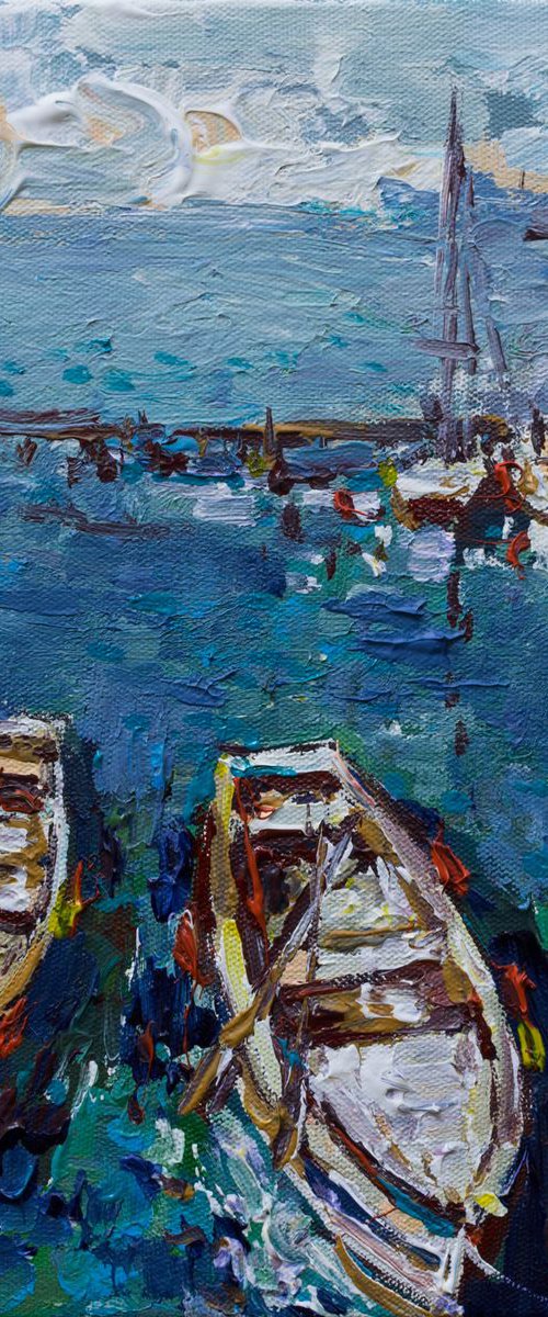 Moored boats - Original acrylic seascape painting by Anastasiia Valiulina