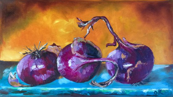 STILL LIFE WITH  RED ONIONS HOME DECOR purple blue and yellow