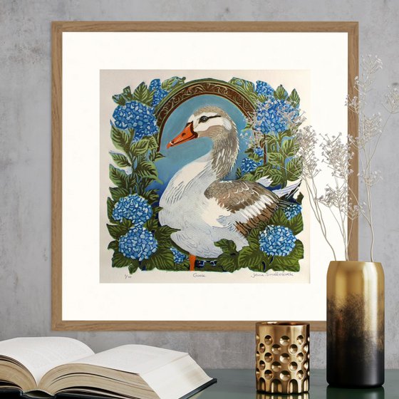 Goose – reduction linocut print