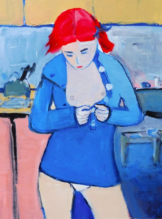 NUDE FEMALE UNDRESSING REDHEAD. Original Female Figurative Acrylic Painting. Varnished.