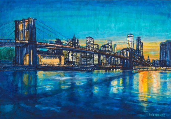 Brooklyn Bridge to Manhattan sunset with blue