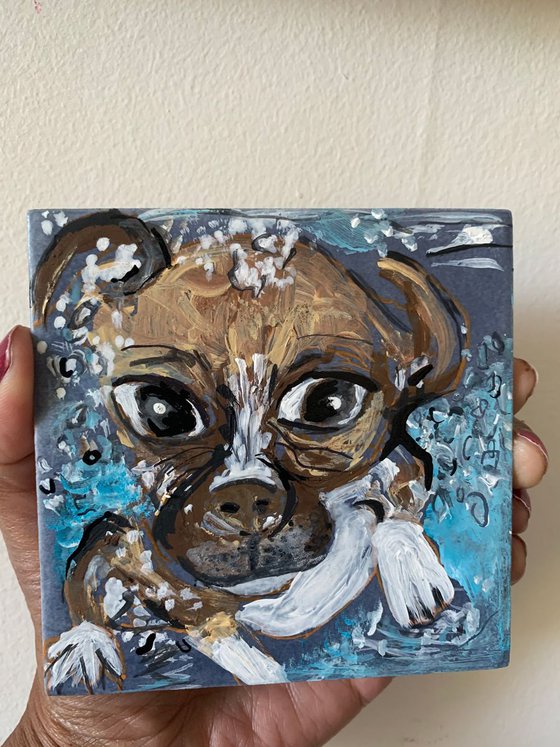 Pets Portrait Acrylic Painting of Dog Underwater Catch Tennis Ball Fun Art Home Decor Gift Ideas