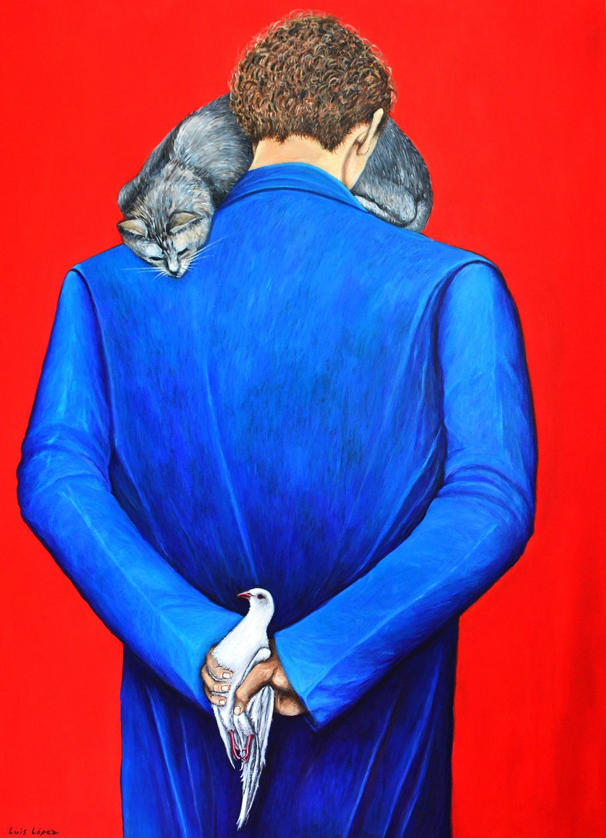 Surrealistic Animal Acrylic Painting By Luis Lopez, 39 X 55", Cat And Mouse, Original Artwork