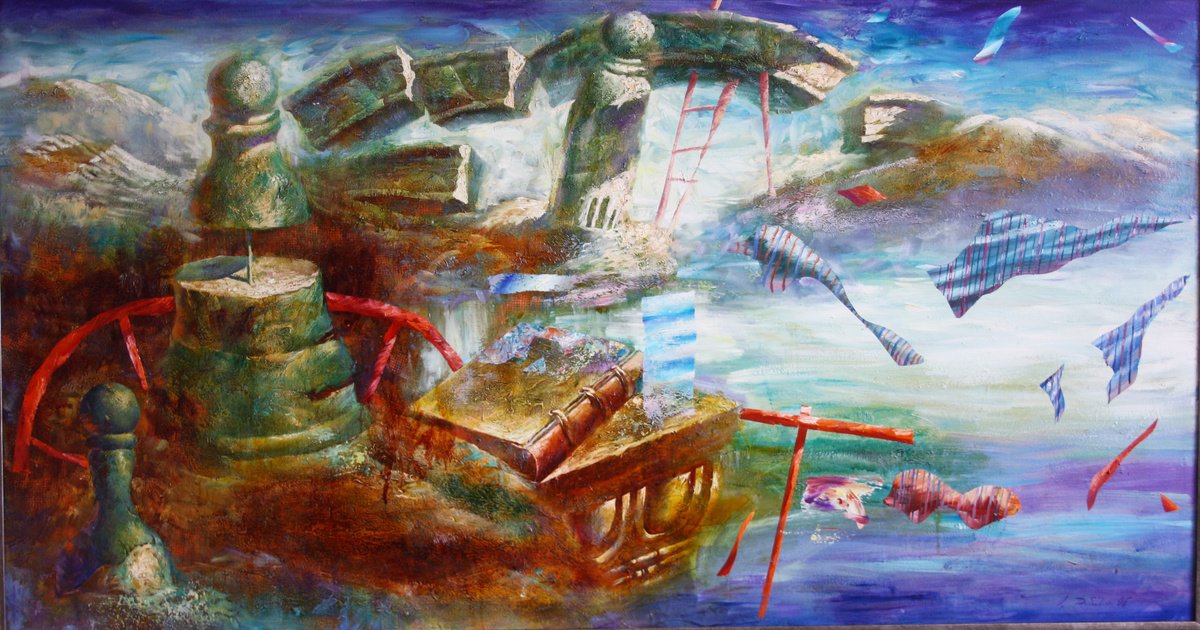 Surrealistic Landscape Oil Painting By Alexandr Dobrodiy, 67 X 37, The Epic Of The Lost Waters., Original Artwork