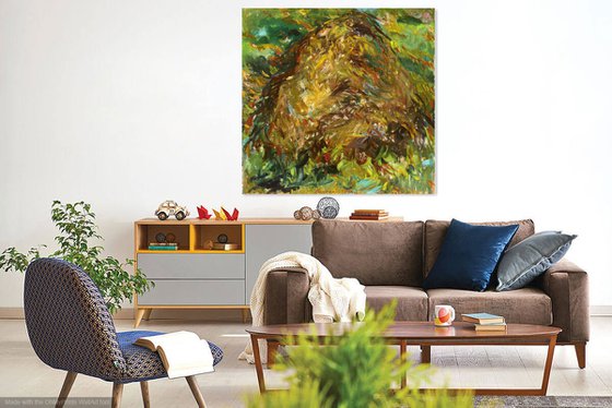 HAYSTACK AT NOON - Landscape art, large original oil painting, summer time, sun, claude monet inspired,  interior art home decor, brown coloured - 146x146 cm