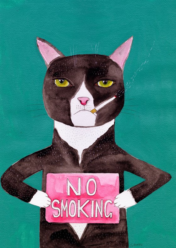 Funny Cat - No Smoking Cat Naive Whimsical watercolour cat