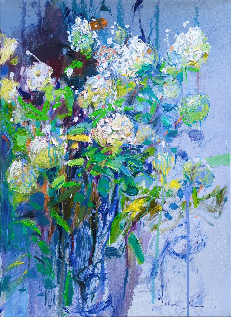 Expressive Oil Painting , Hydrangea On Blue By Helen Shukina, 31 X 43, Artwork For Sale On Artfinder