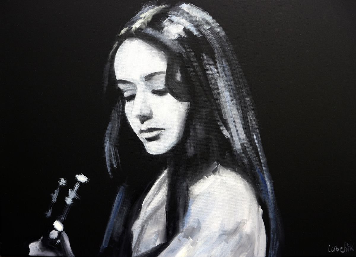 Black and white painting Music painting Girl with a guitar by Anna Lubchik
