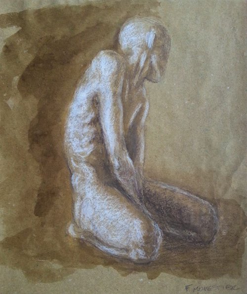 Drawing of a male nude kneeling by Fabienne Monestier