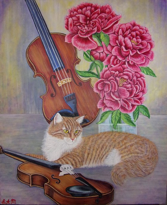 Ginger Cat with violins and peonies