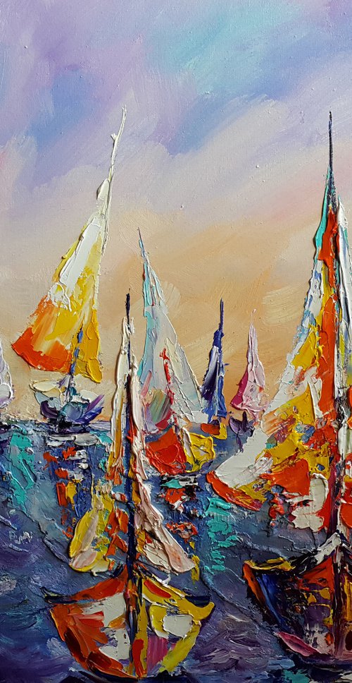 Yacht Club - yacht, oil painting, seascape, sea with yachts, landscape, yacht original painting, gift, impressionism, palette knife by Anastasia Kozorez