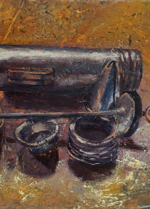 Kitchen still life (hot wax on OSB) by Dora Stork