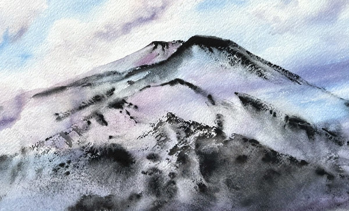 Impressionistic Abstract Watercolour By Yuliia Sharapova, 24 X 16", Majestic Clouds Volcano Etna, Original Artwork