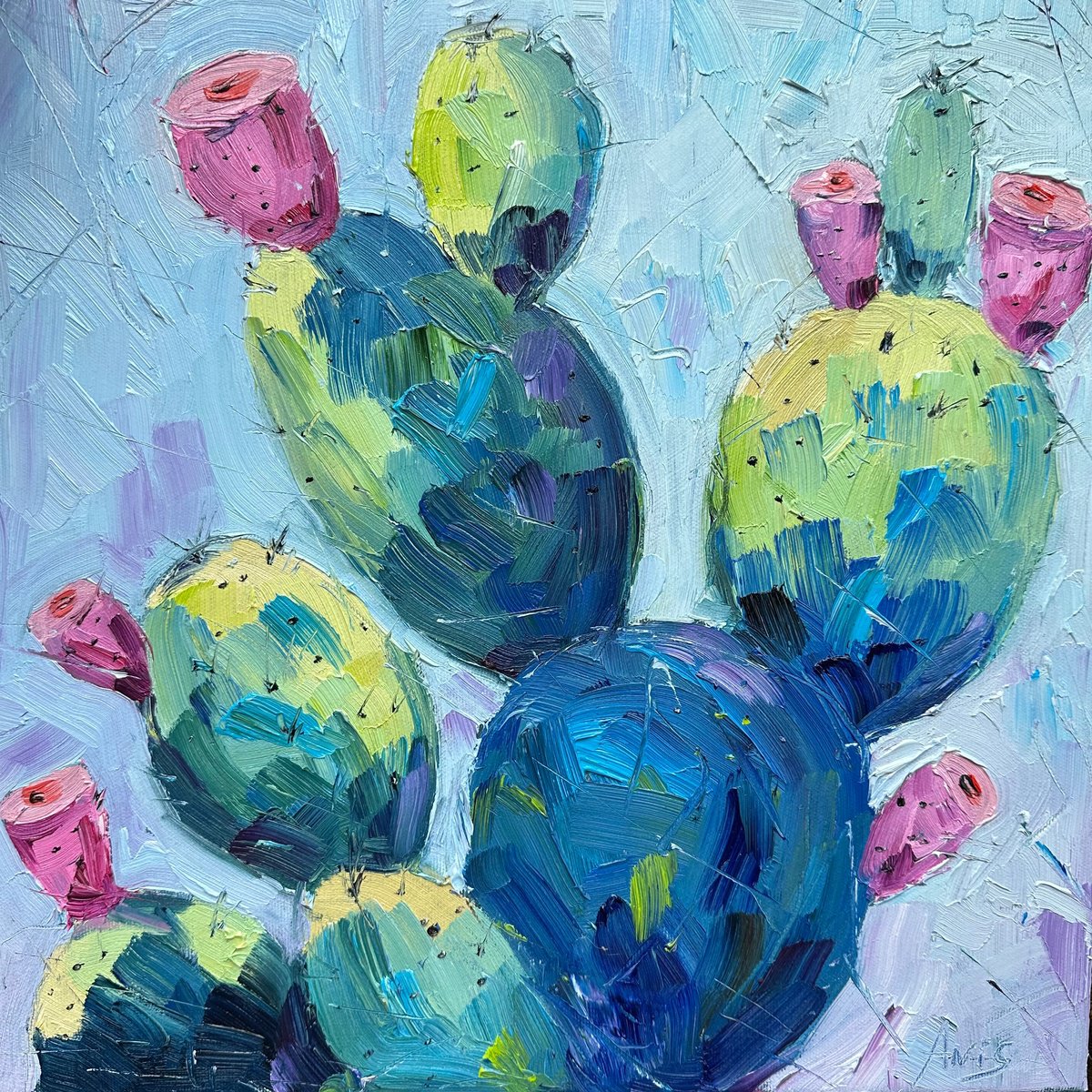Impressionistic Botanical Oil Painting By Irina Anis, 16 X 16, Blue Cactus With Pink Flowers, Original Artwork