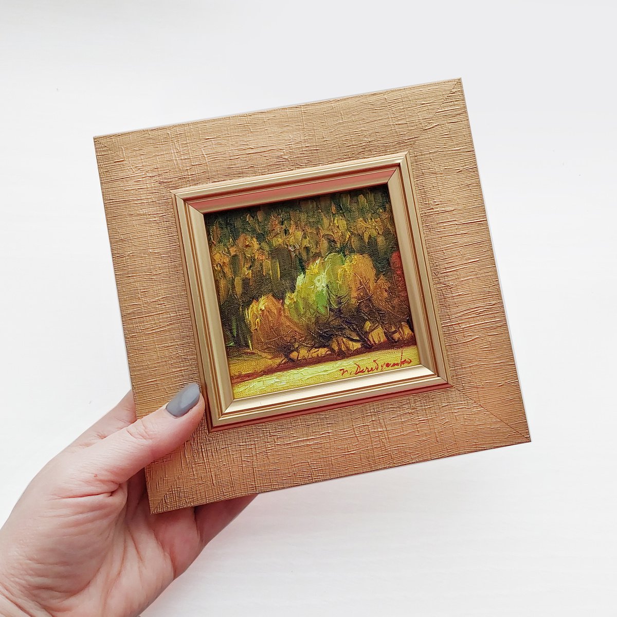 Trees oil painting original canvas board art 4x4, Small frame art landscape mini wall deco... by Nataly Derevyanko