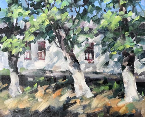 Old white house. one of a kind, handmade artwork, original painting. by Galina Poloz