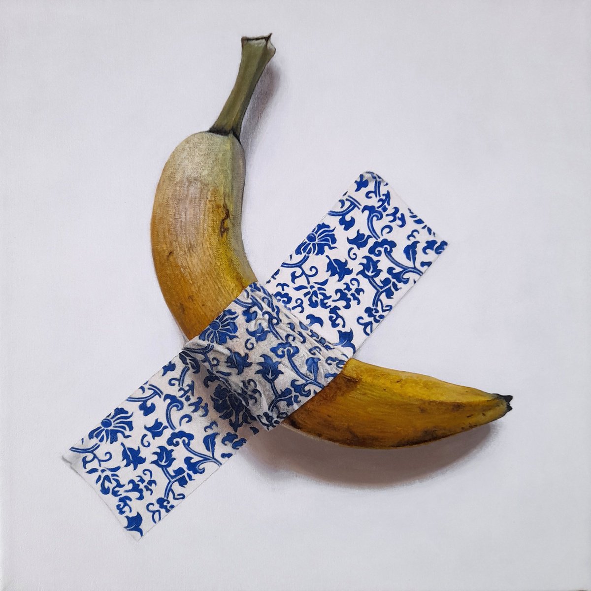 Photorealistic Still Life Acrylic Painting By Claudia Daminato, 12 X 12, Banana Icon...ironica, Original Artwork