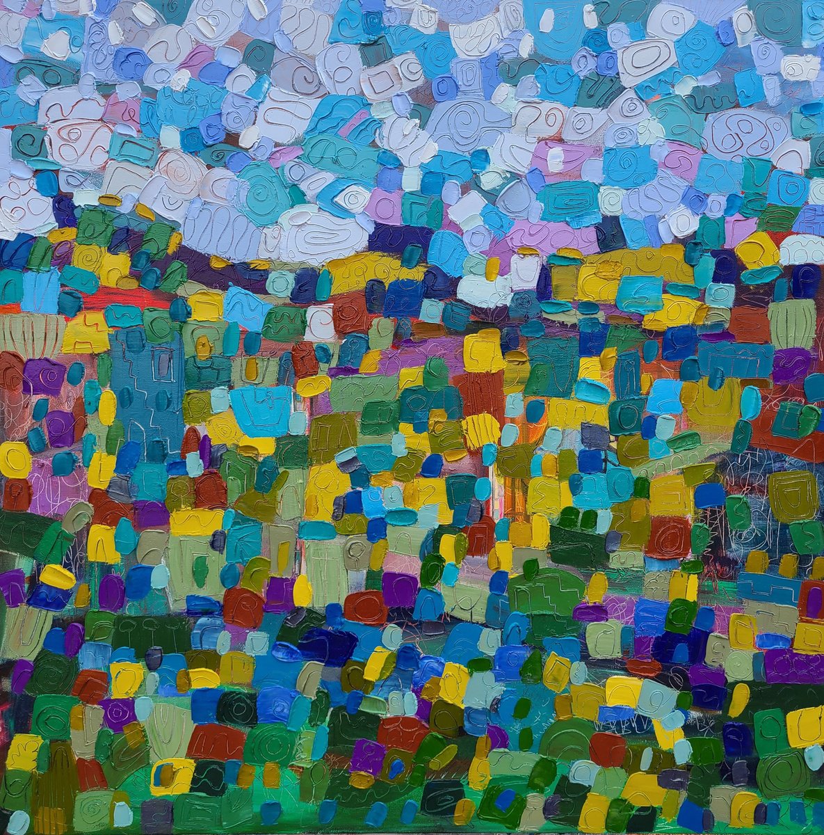 Geometric Abstract Oil Painting By Stacy Neasham, 36 X 36", Serene Scene, Original Artwork