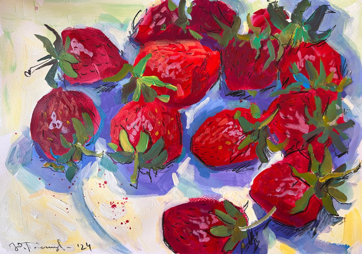 Expressive Botanical Acrylic Painting By Yuliia Pastukhova, 16 X 12", Strawberries Still Life, Original Artwork