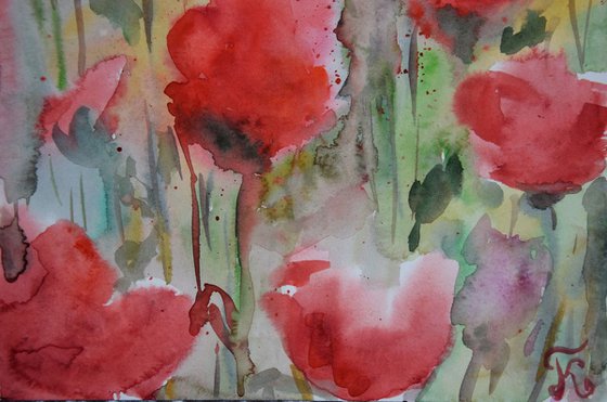 Original watercolor painting Flowers poppies