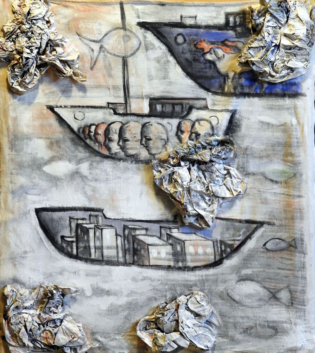 Surrealistic Landscape Painting By Paolo Beneforti, 28 X 32", Ships On The Drift, Original Artwork