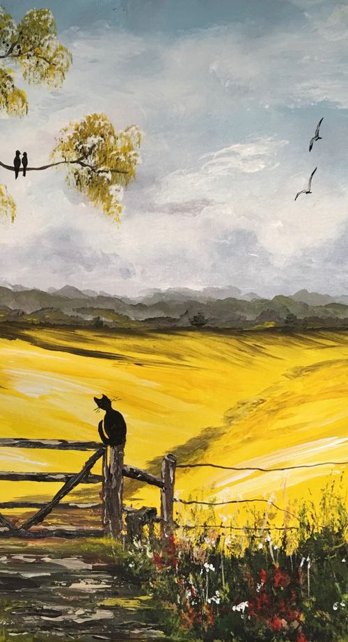 A Cat on a gate on a large canvas by Marja Brown