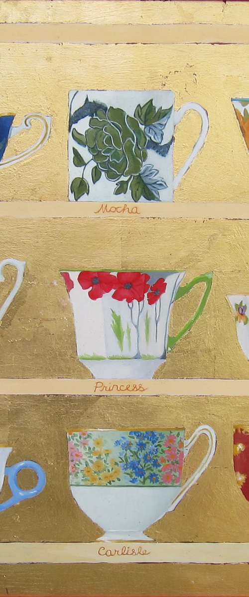 Teacups on gold background by Sophie Colmer-Stocker